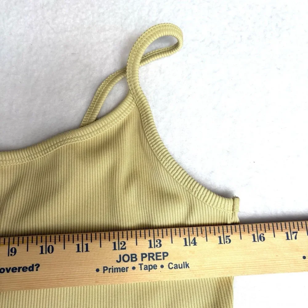 NIKE Ribbed Tank Cami Top Size S Yellow Cropped Lettuce Hem Center Swoosh